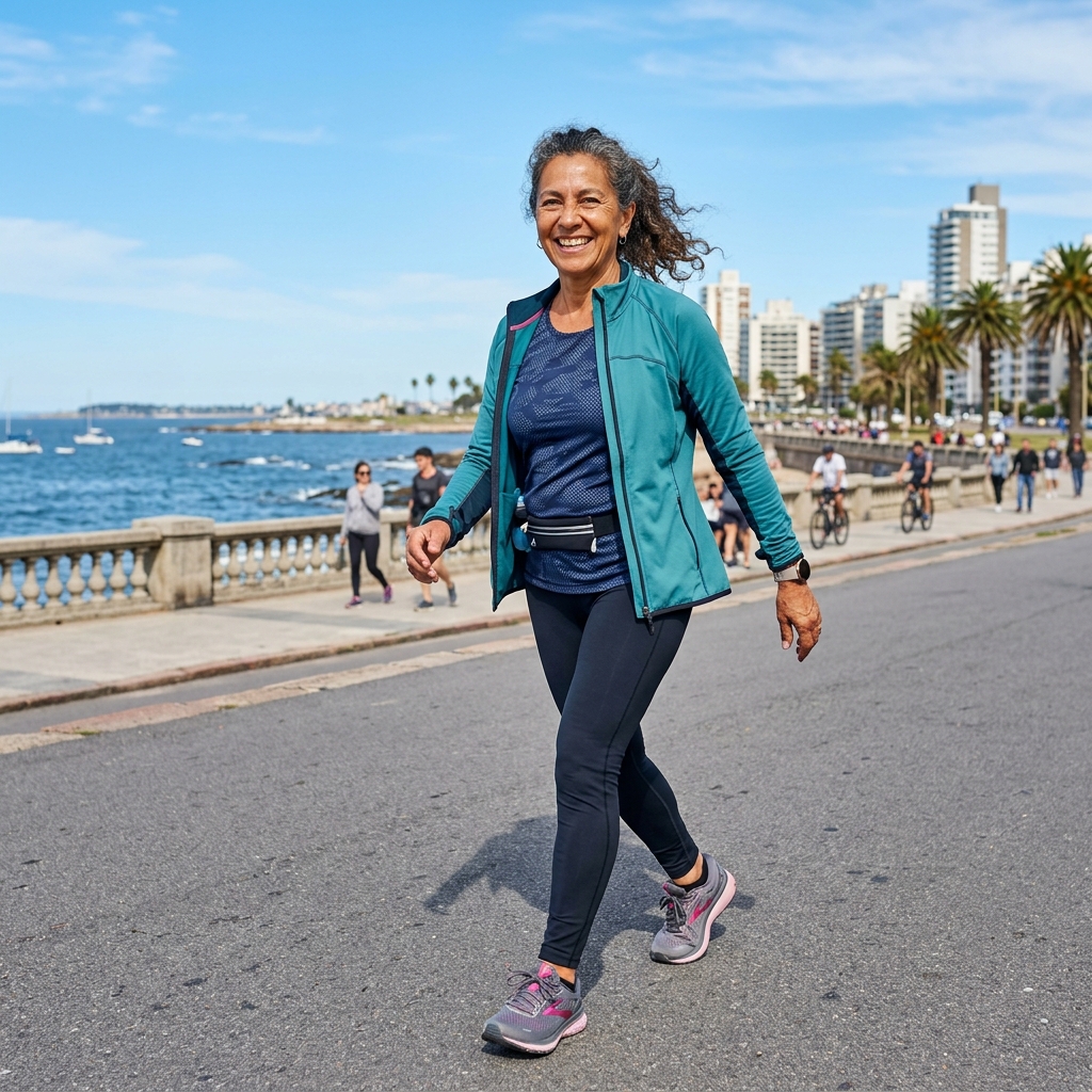 Mujer uruguaya activa caminando por la rambla sin lentes