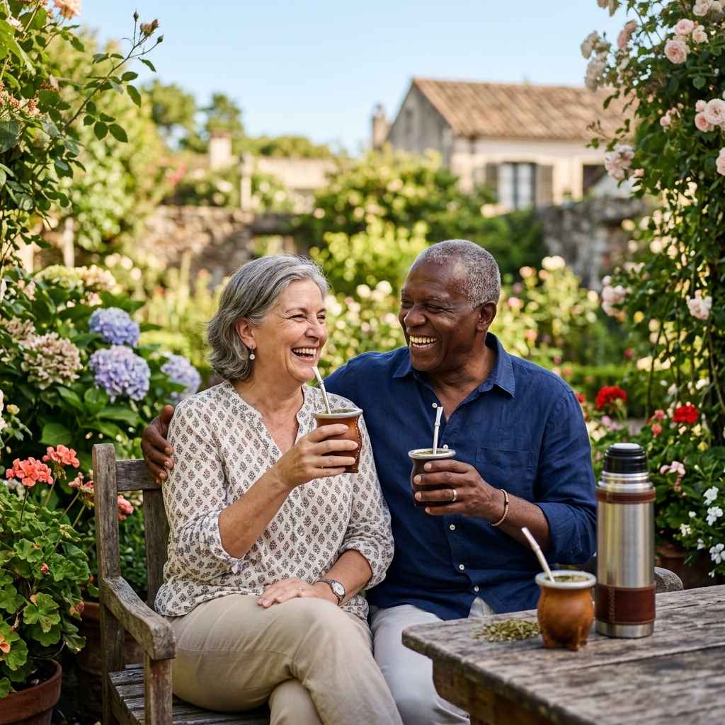 Pareja disfrutando un mate al aire libre sin lentes
